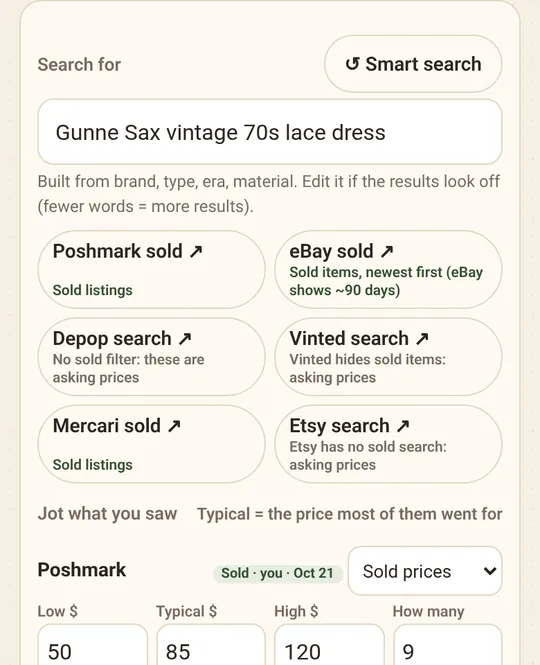 Find prices screen with one-tap sold searches for each site and fields to jot prices