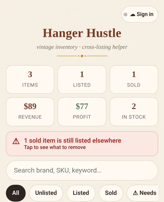 Hanger Hustle inventory screen with item, revenue and profit counts and a reminder that a sold item is still listed elsewhere