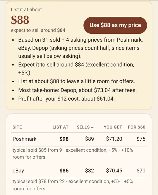 Suggested price per site with expected take-home after fees